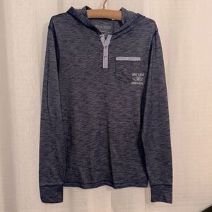 Guess M Hooded Long Sleeve Heathered Blue Chambray Trim Tee Henley